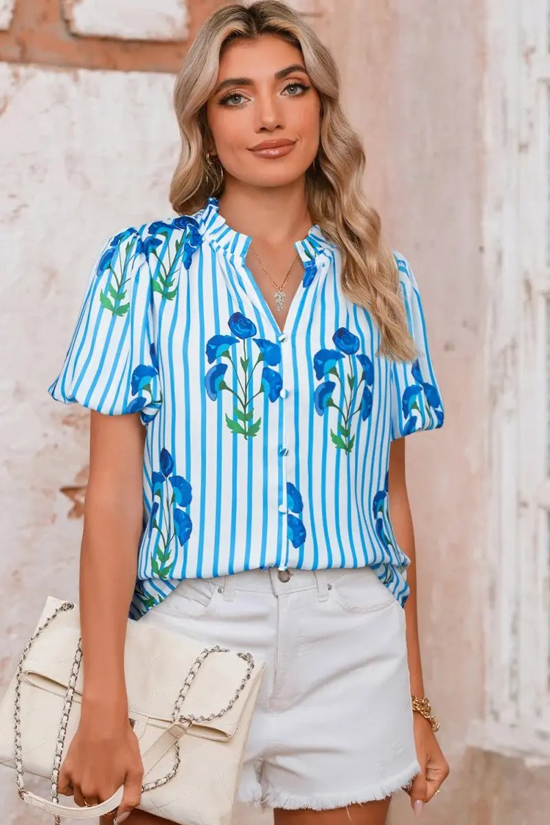 Sky Blue Stripe Floral Buttoned Frilly Notched Neck Puff Sleeve Summer Blouse - Love Salve